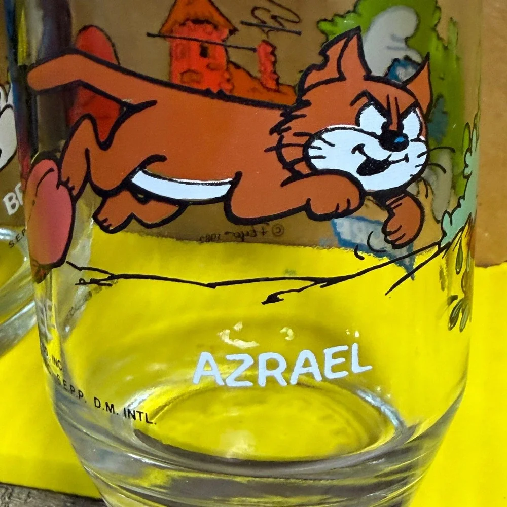 2 Vintage‎ 1982 Smurfs Glasses w/ Gargamel Azrael Wallace Berrie Peyo Collector